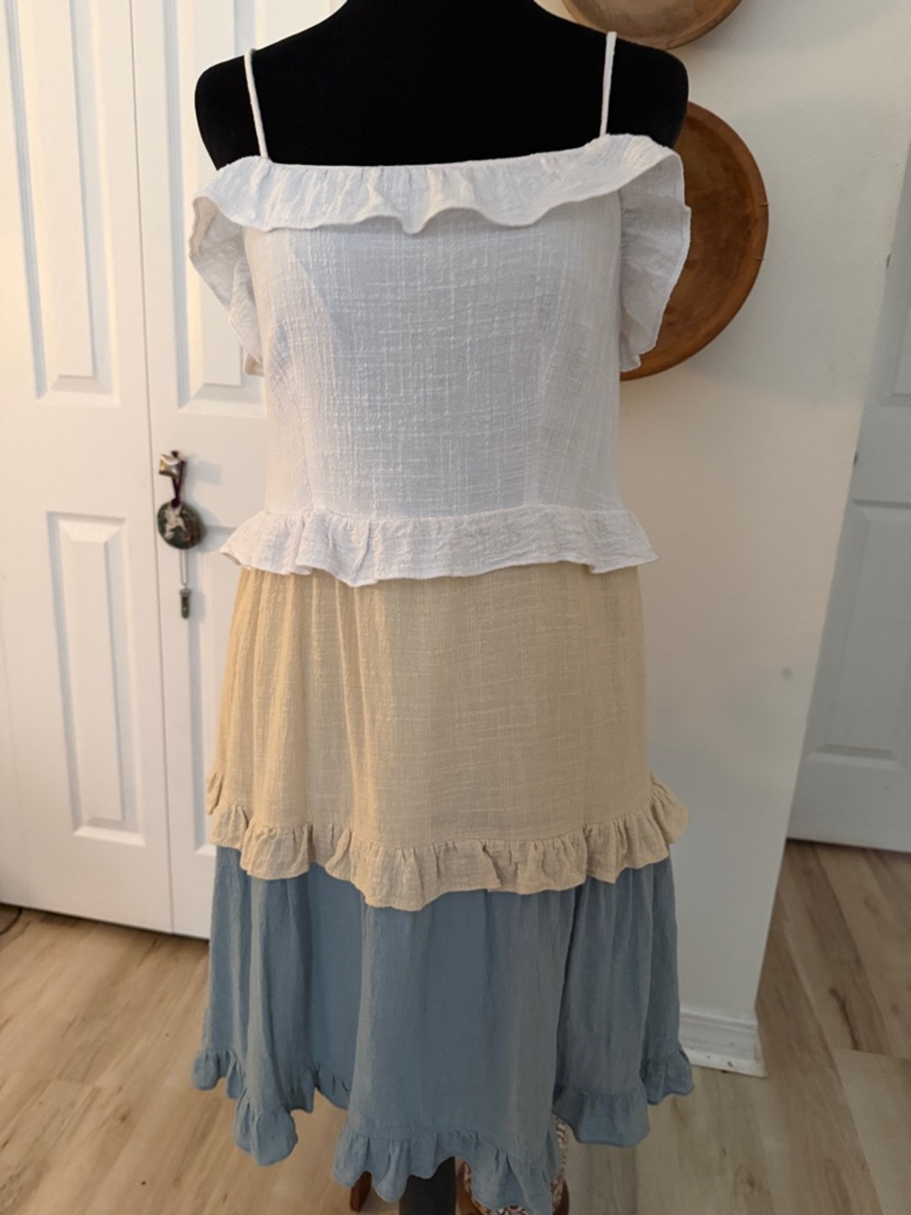 Final Touch White, Cream & Blue Tiered Midi Dress